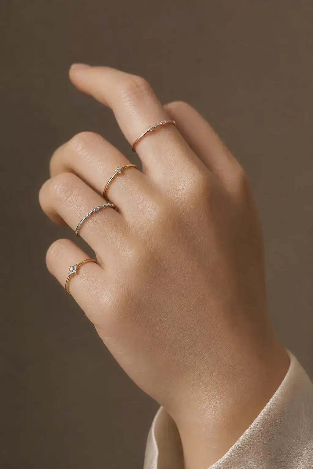 Slim white, rose and yellow gold diamond rings worn together on one hand
