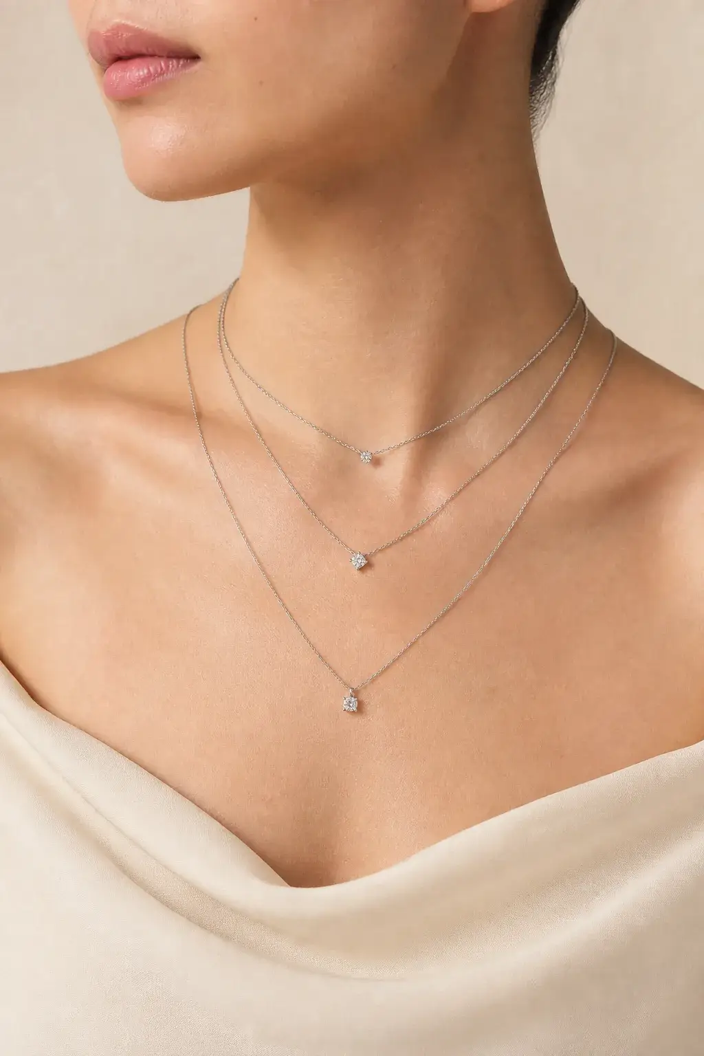 Three fine diamond necklaces layered at different lengths