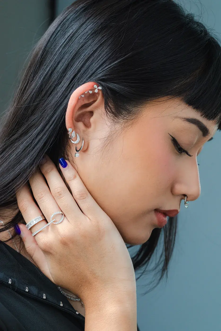 Stacked diamond earrings and ear cuff